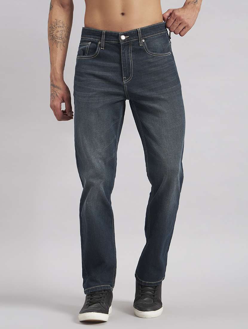 men washed mid rise full length straight jeans