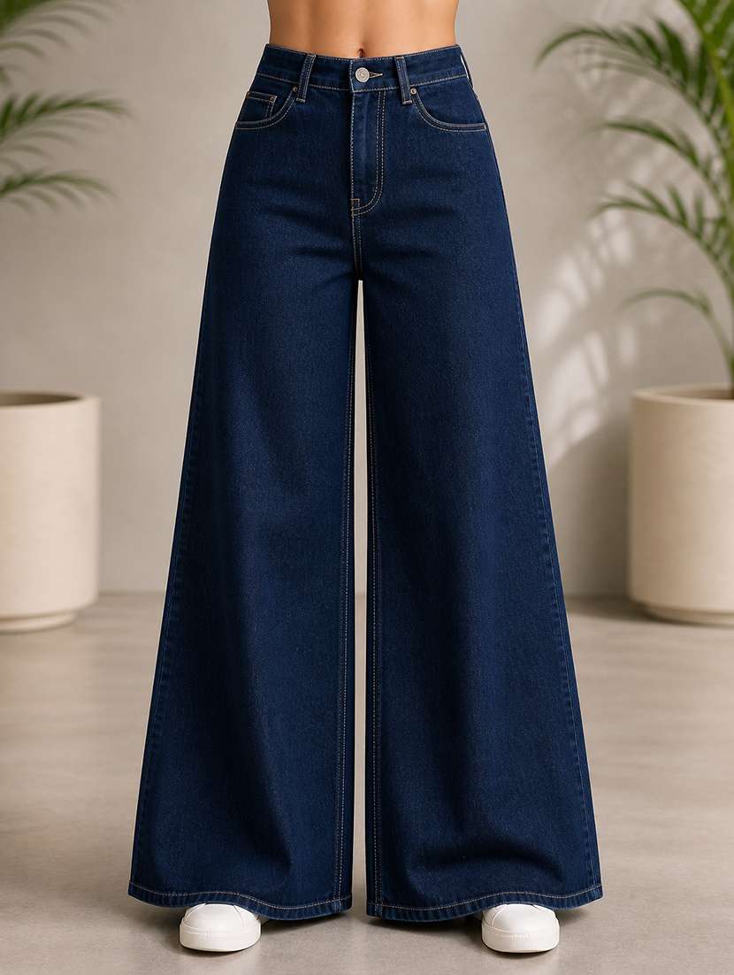 women solid mid rise wide leg jeans