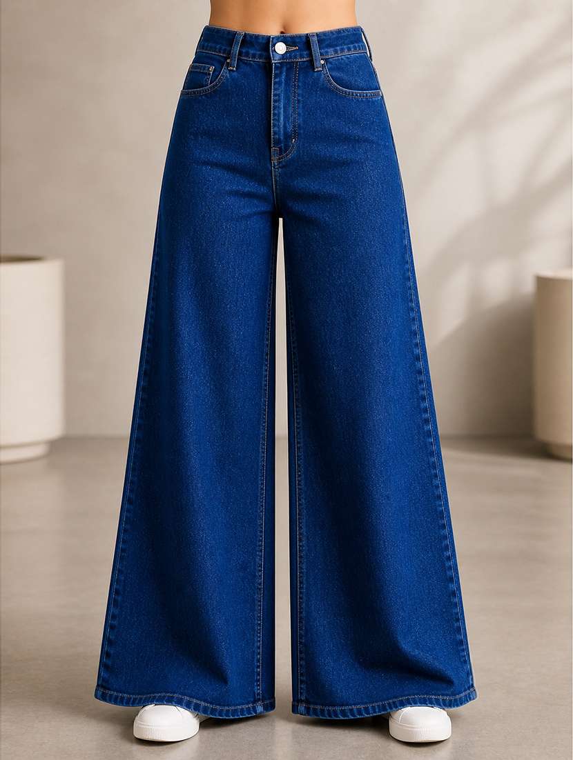 women solid mid rise wide leg jeans