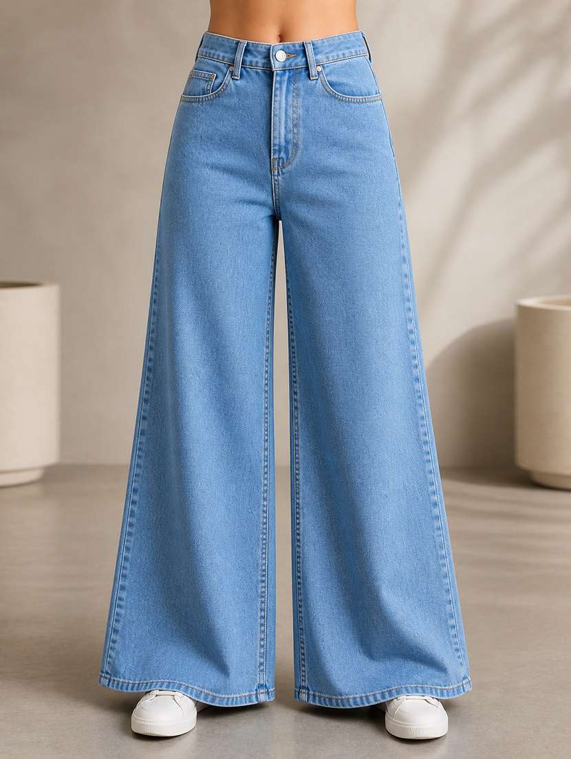 women plain mid rise wide leg jeans