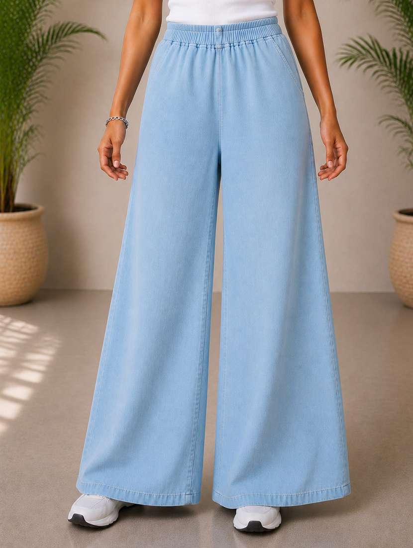 women plain mid rise wide leg jeans