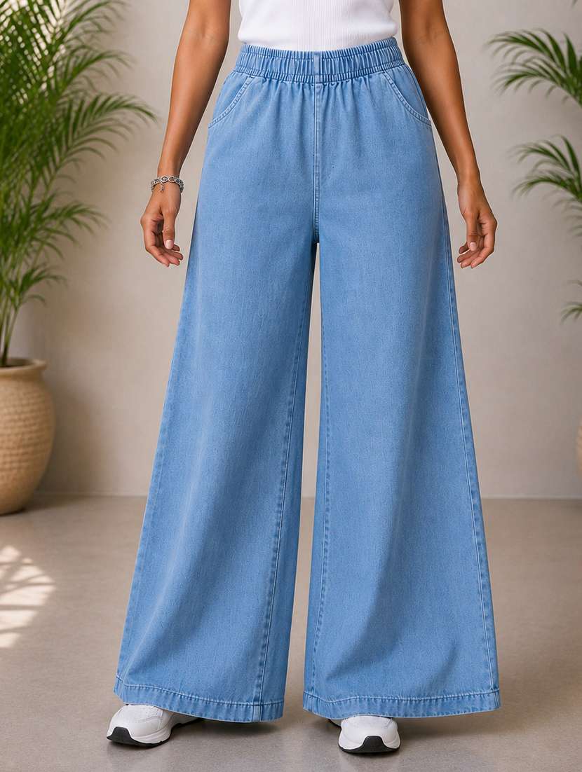 women plain mid rise wide leg jeans