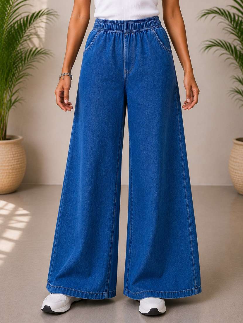 women plain mid rise wide leg jeans