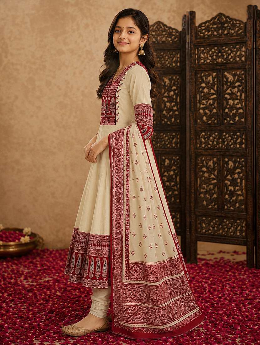 girls printed three quarter sleeves anarkali kurta - 22512825 -  Standard Image - 3