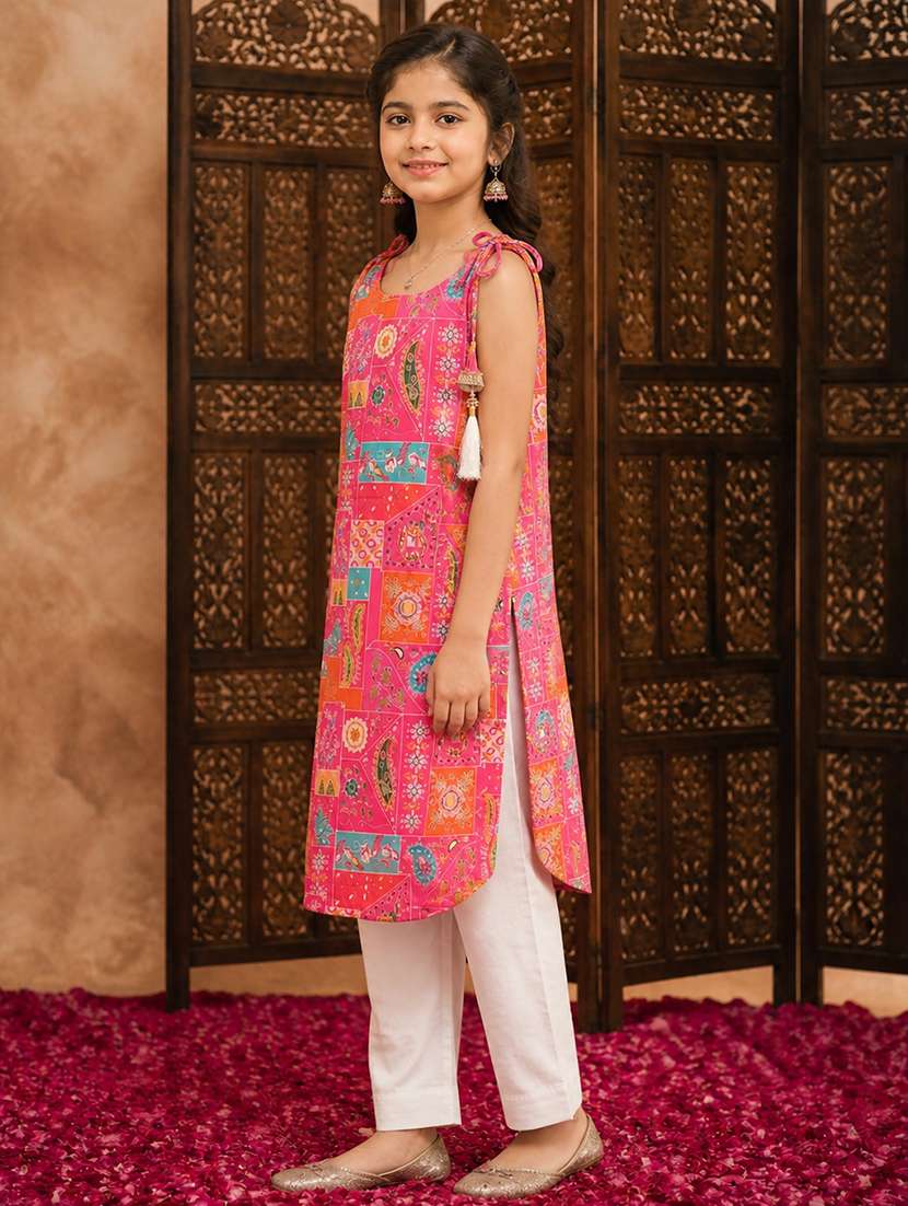 girls printed sleeveless kurta and pant set - 22512830 -  Standard Image - 3
