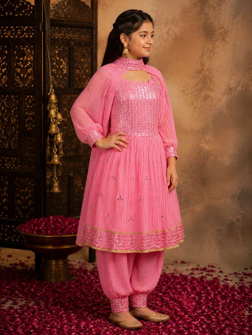 girls embroidered sleeveless kurt aand salwar set with detachable sleeve - 22512831 -  Standard Image - 3