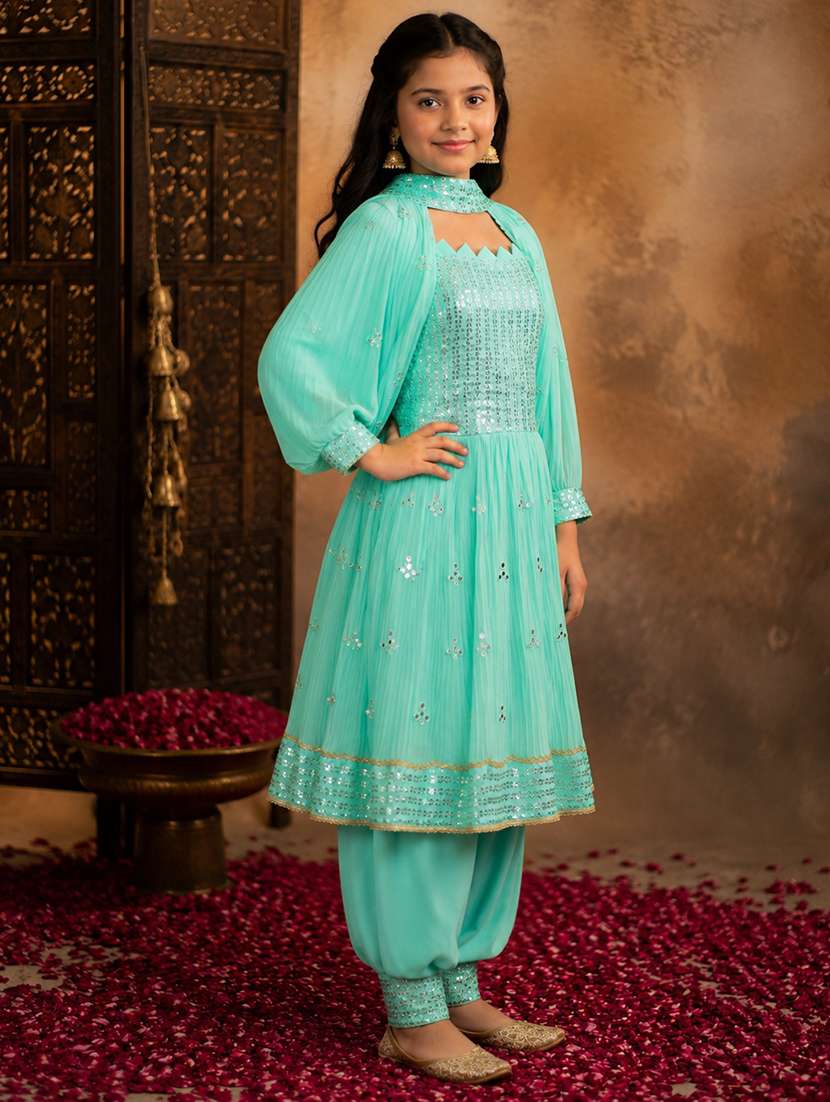 girls embroidered sleeveless kurt aand salwar set with detachable sleeve - 22512835 -  Standard Image - 3