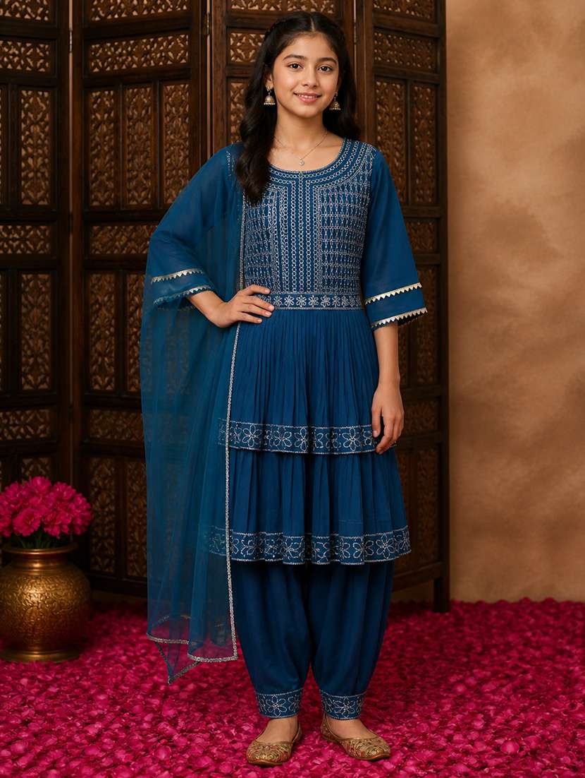 girls embroidered round neck kurta and salwar set with dupatta