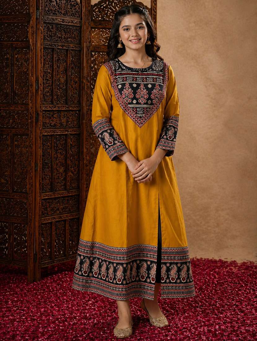 girls printed round neck a-line kurta