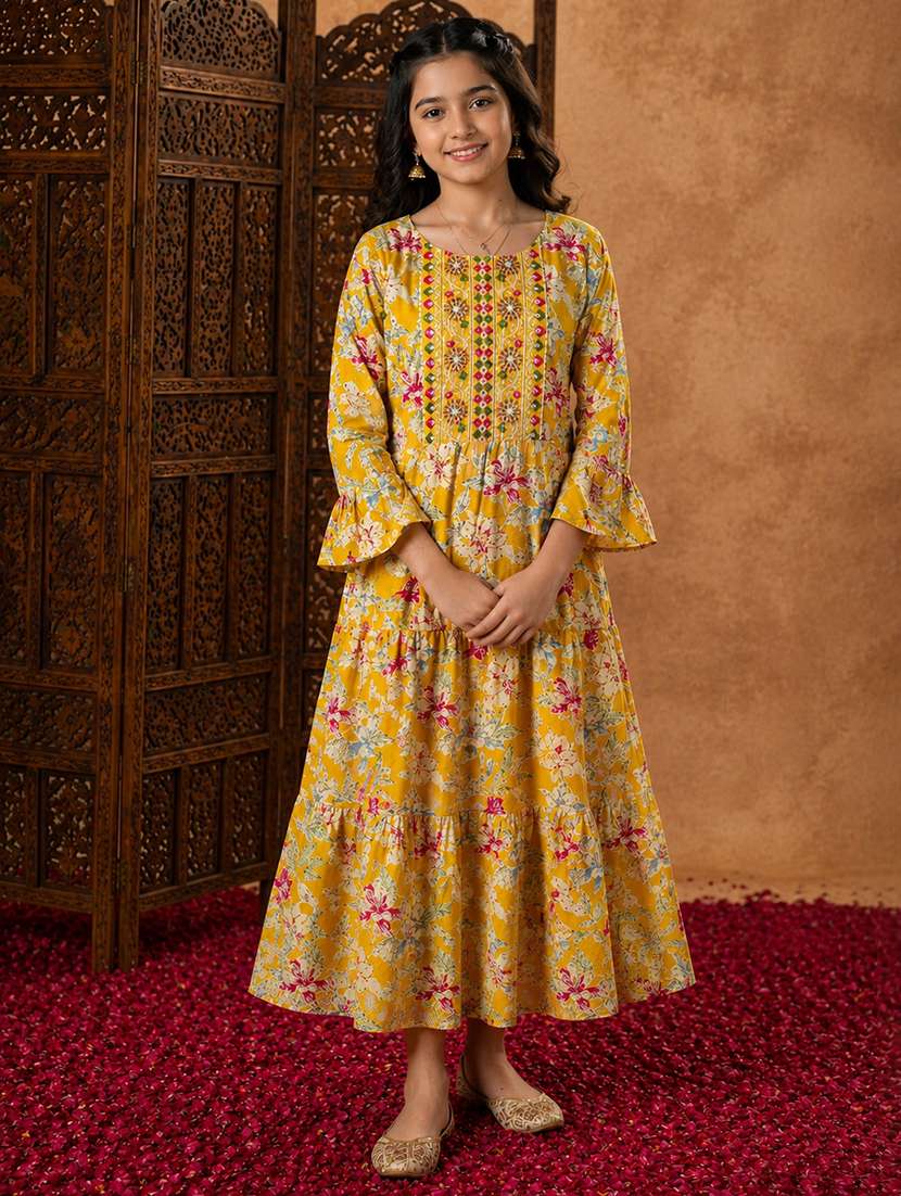 girls printed round neck tiered kurta
