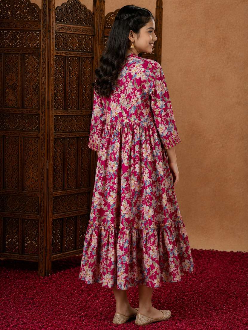 girls printed mandarin neck tiered kurta - 22512873 -  Standard Image - 3
