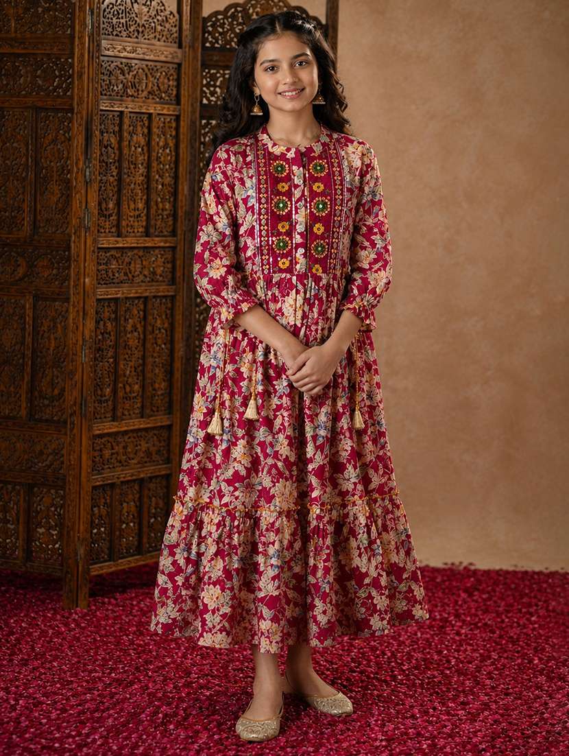 girls printed mandarin neck tiered kurta