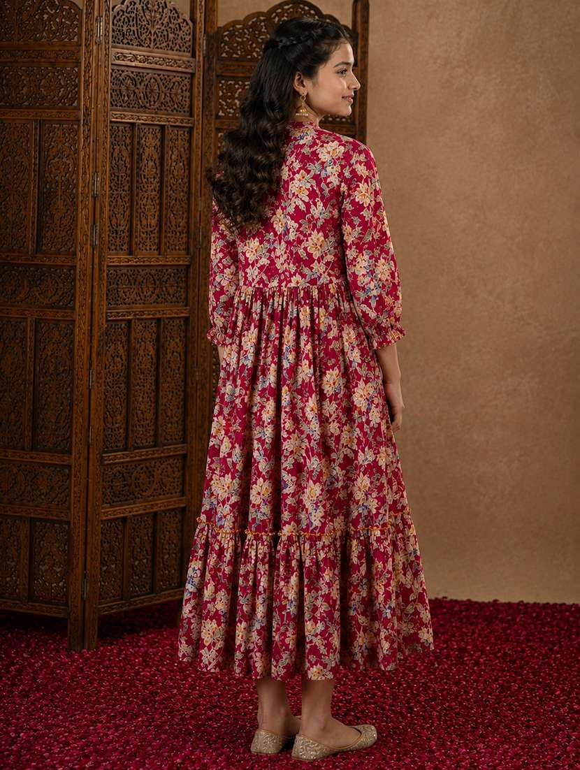 girls printed mandarin neck tiered kurta - 22512881 -  Standard Image - 3