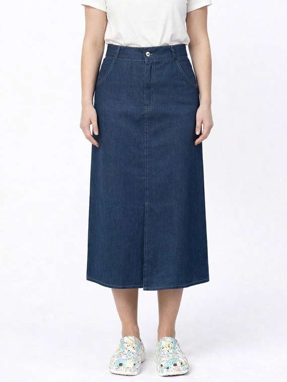 women solid high rise denim skirt