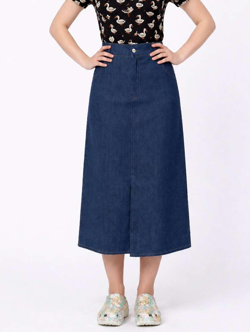 women solid high rise denim skirt