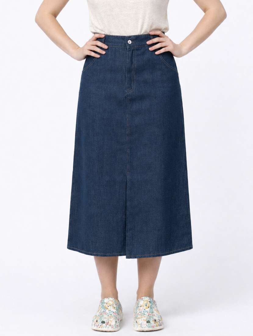 women solid high rise denim skirt