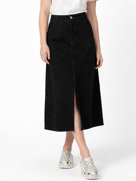 women solid high rise denim skirt