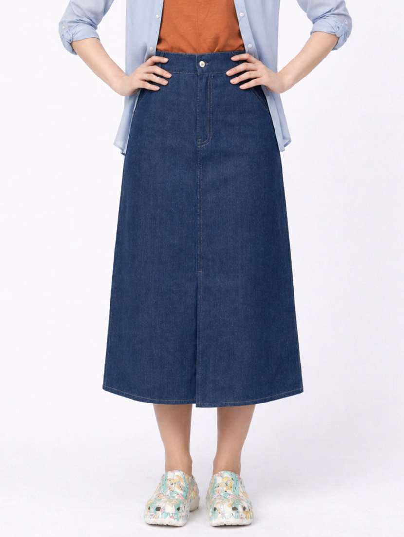 women solid high rise denim skirt