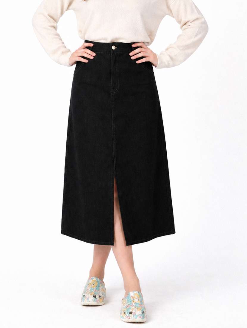 women solid high rise denim skirt