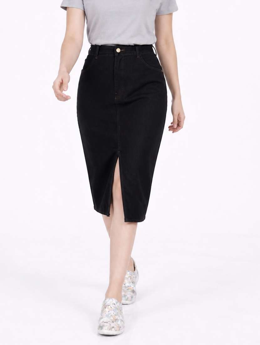 women solid high rise denim skirt