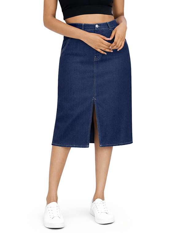 women solid high rise denim skirt