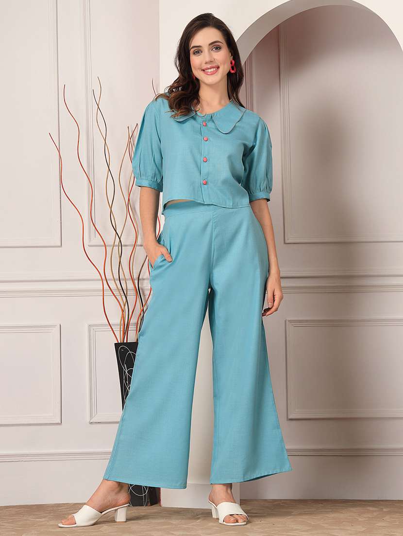 women solid short sleeves top and palazzo co-ord set