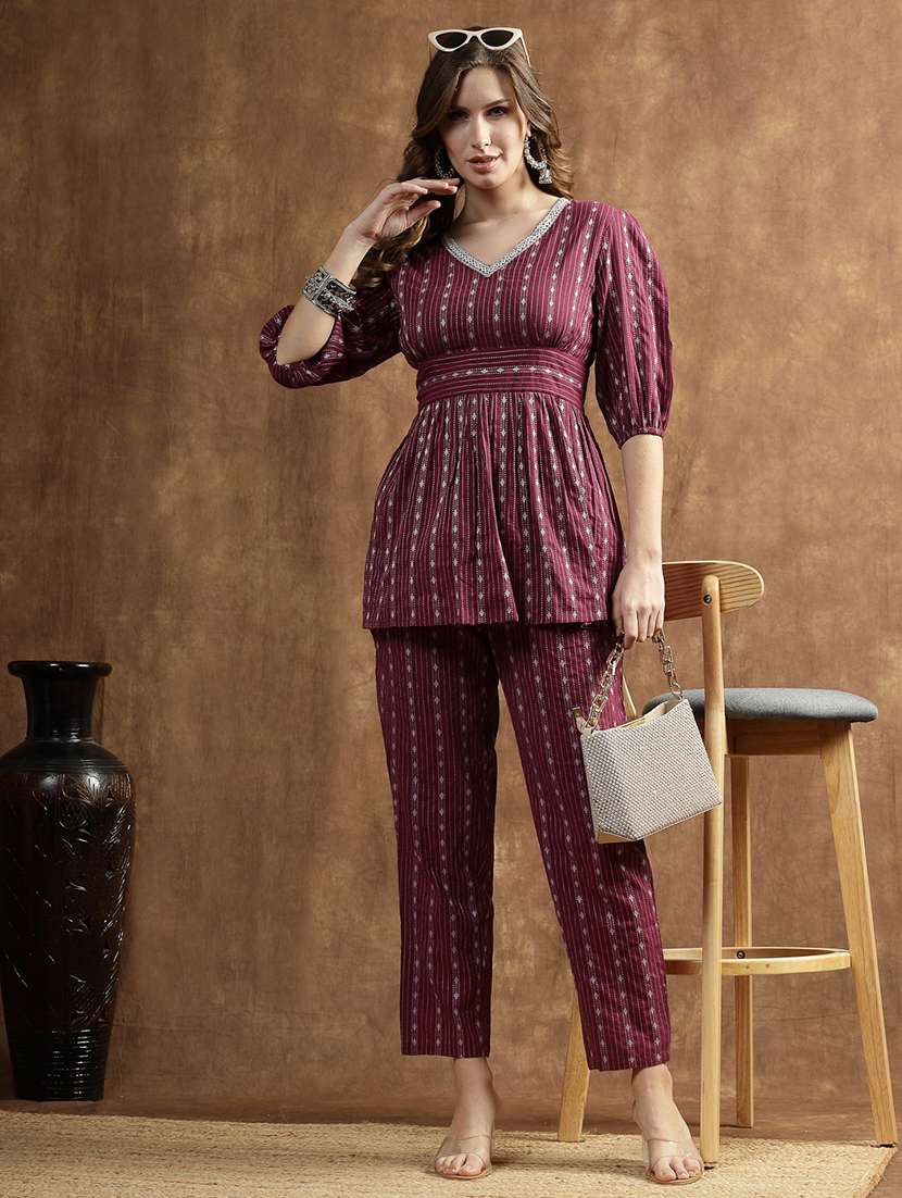 women self design puff sleeve ethnic co-ord set