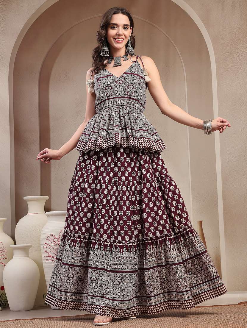 women printed shoulder strap ethnic co-ord set