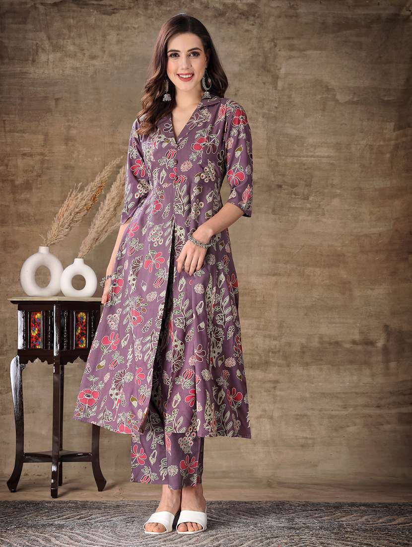 women printed collared kurta and pant set