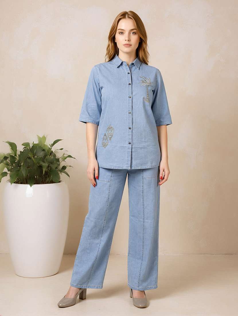women embroidered collared shirt and trouser co-ord set