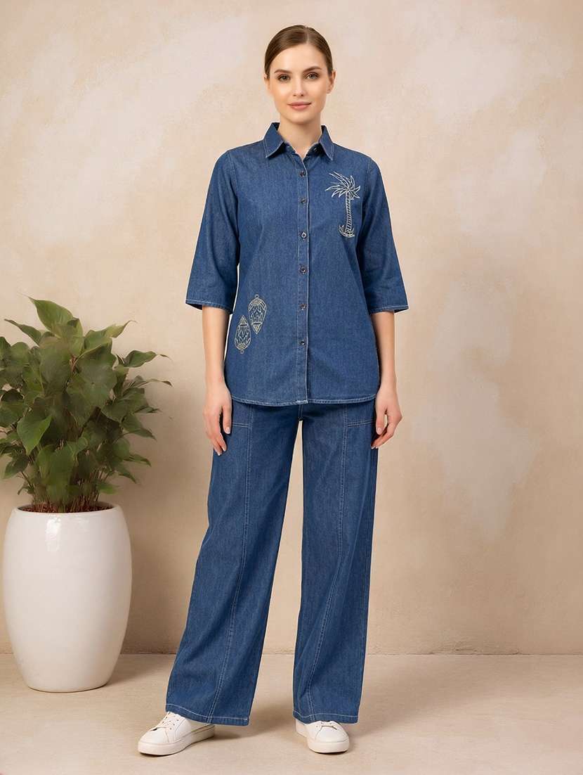 women embroidered short sleeves shirt and trouser co-ord set