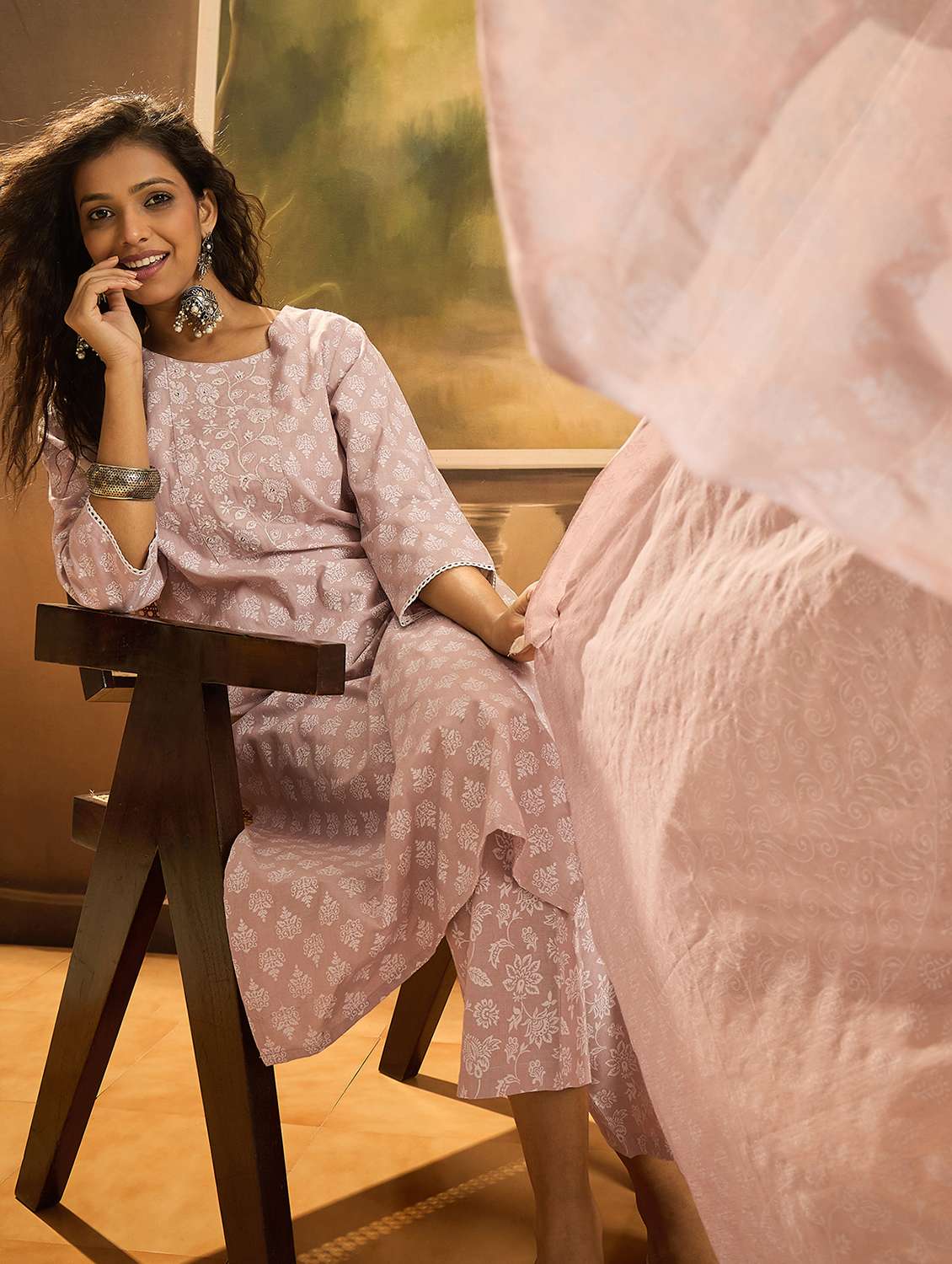 women printed three quarter sleeve kurta pant with dupatta set - 22513518 -  Standard Image - 3