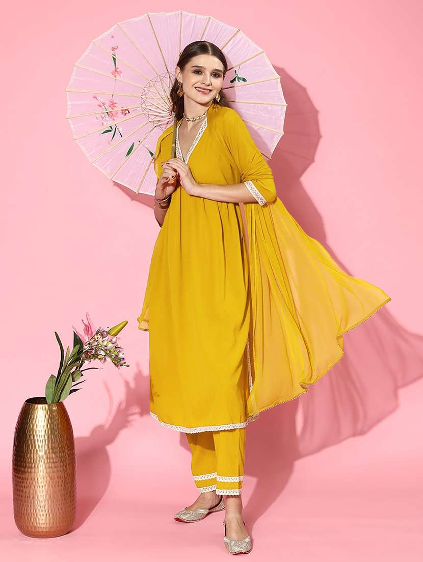 women solid v neck kurta and pant set with dupatta