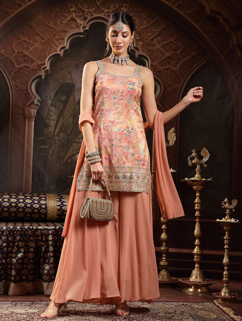women printed shoulder strap kurta and palazzo set with dupatta