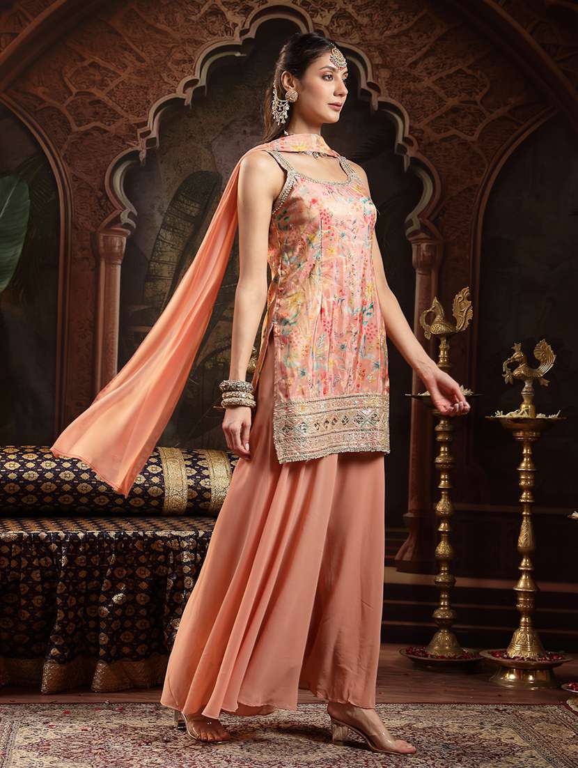 Women Printed Shoulder Strap Kurta And Palazzo Set With Dupatta - 22513553 -  Standard Image - 3