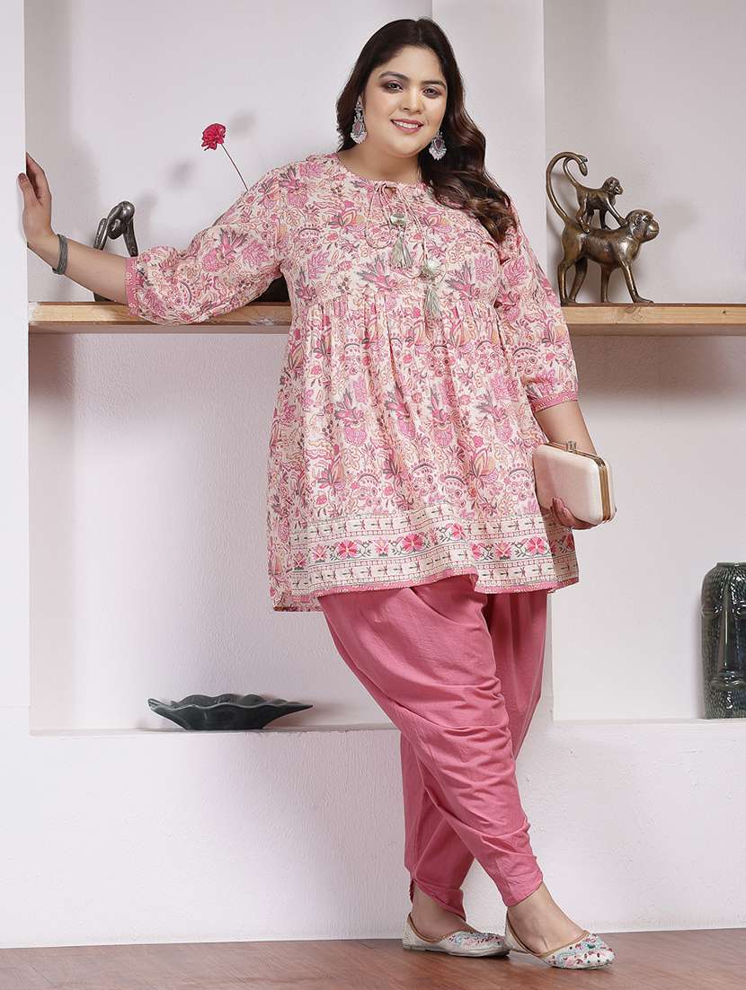 women printed tie up neck kurta and dhoti set