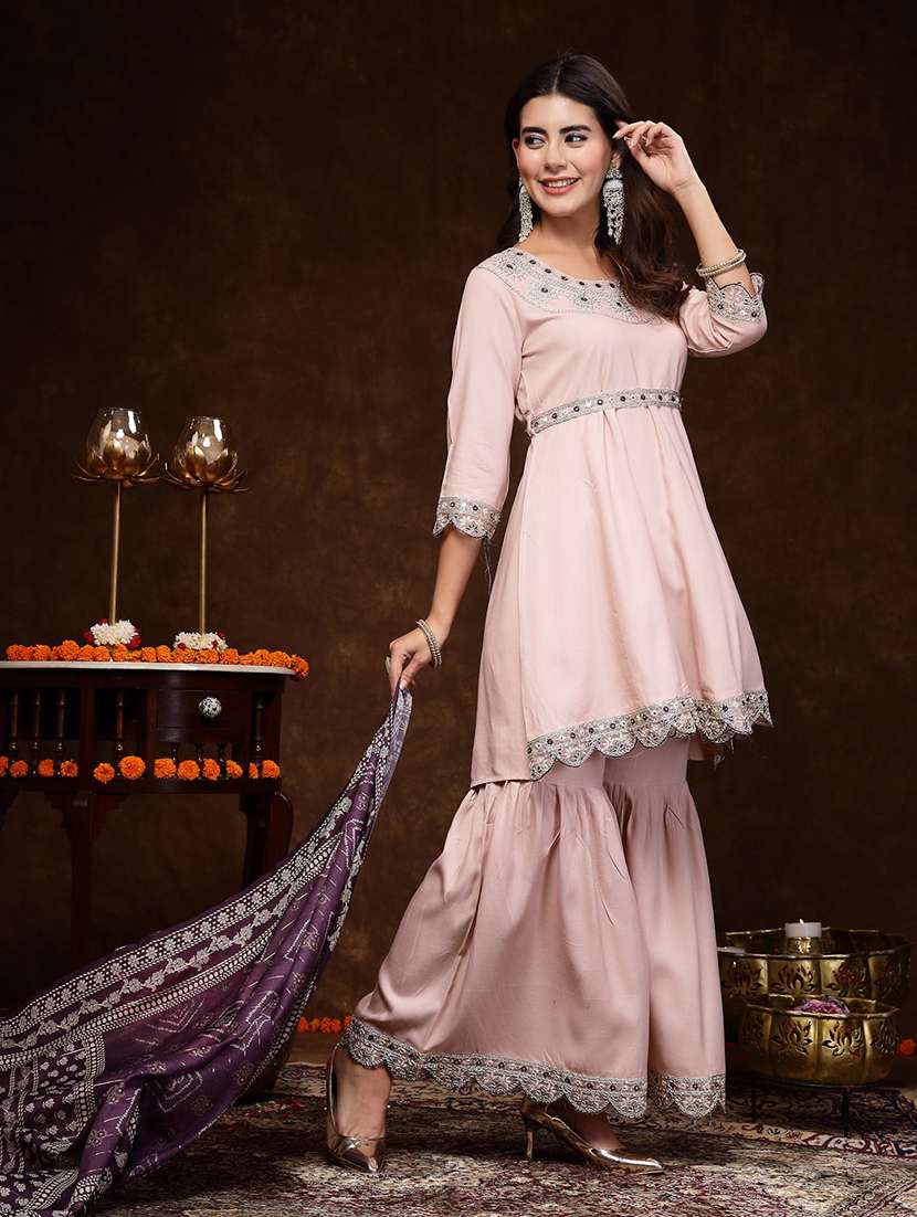 Women Embroidered Round Neck Kurta And Sharara Set With Dupatta - 22513695 -  Standard Image - 3