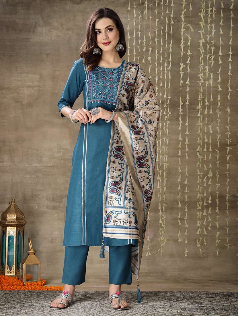 women embroidered three quarter sleeve kurta pant with dupatta set