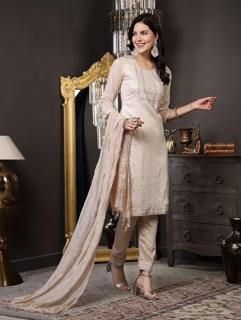 women embroidered round neck kurta and pant set with dupatta