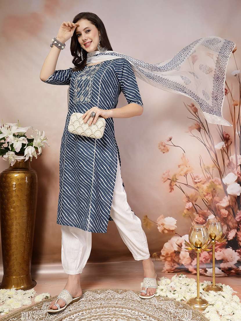 women printed round neck kurta and salwar set with dupatta