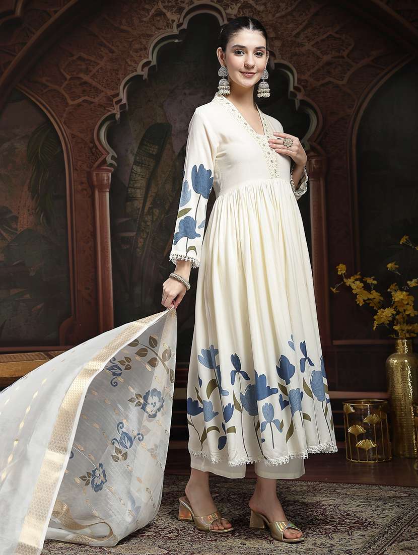 women printed v neck kurta and pant set with dupatta