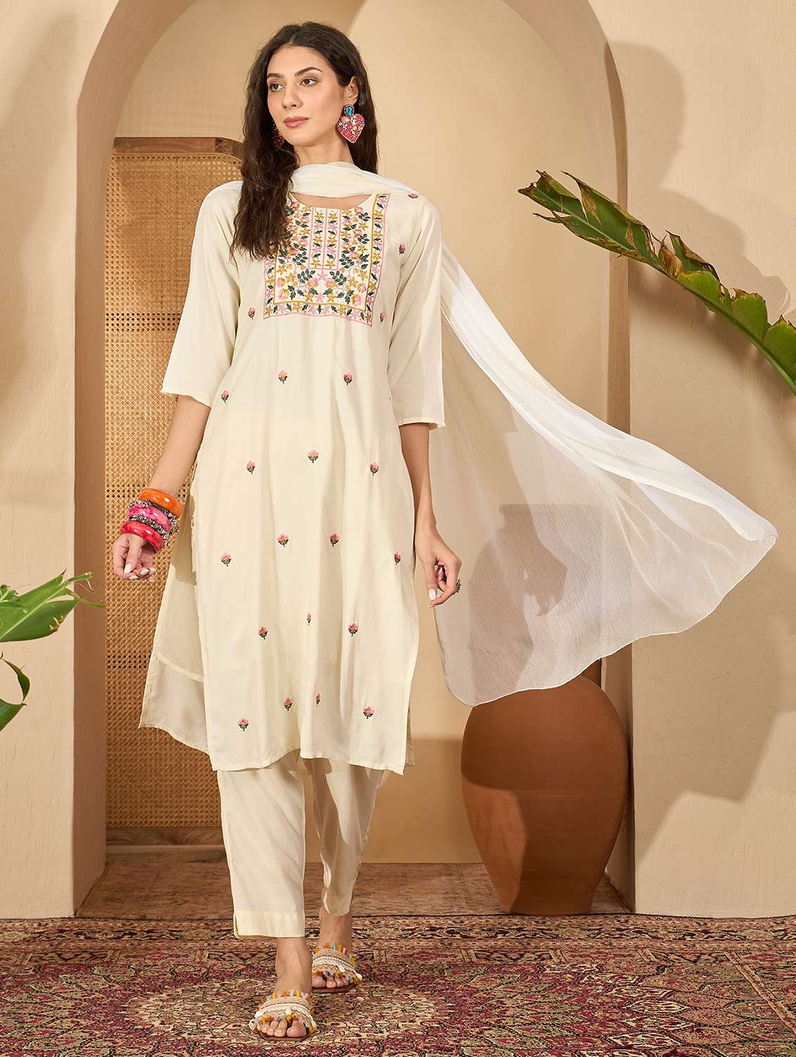 women embroidered round neck kurta and pant set with dupatta