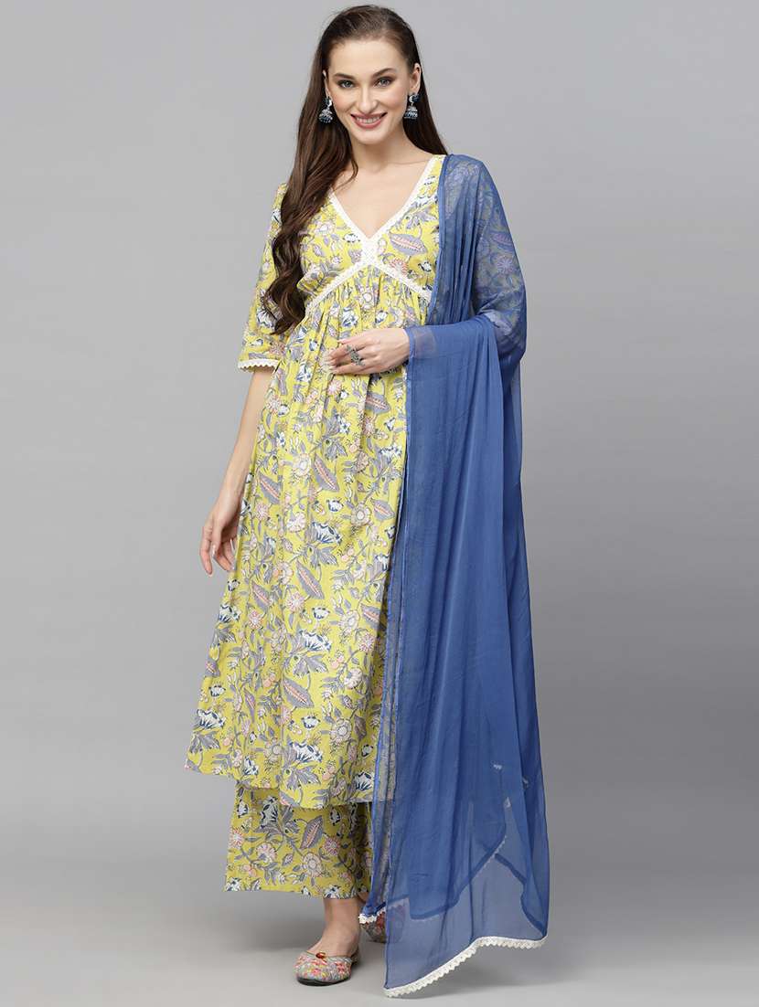 women printed v neck kurta and palazzo set with dupatta
