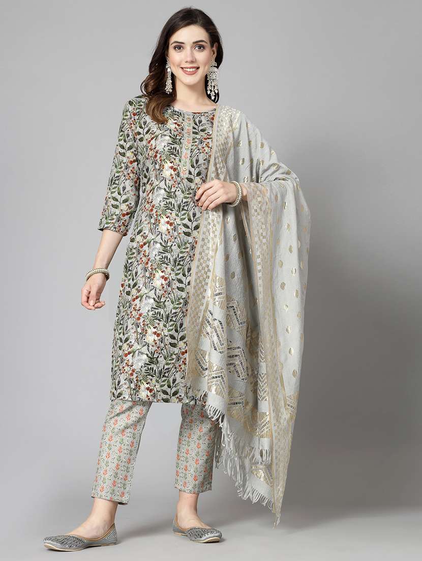 women printed round neck kurta and pant set with dupatta