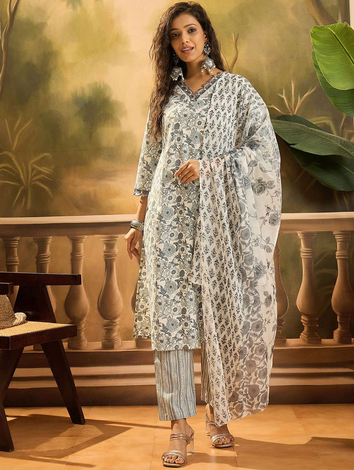women printed v neck kurta and pant set with dupatta