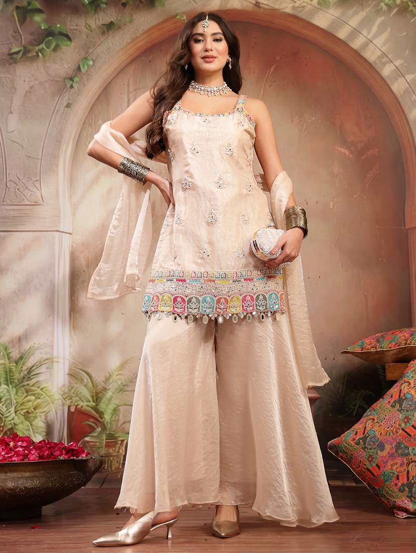 women embroidered shoulder strap kurta and palazzo set with dupatta