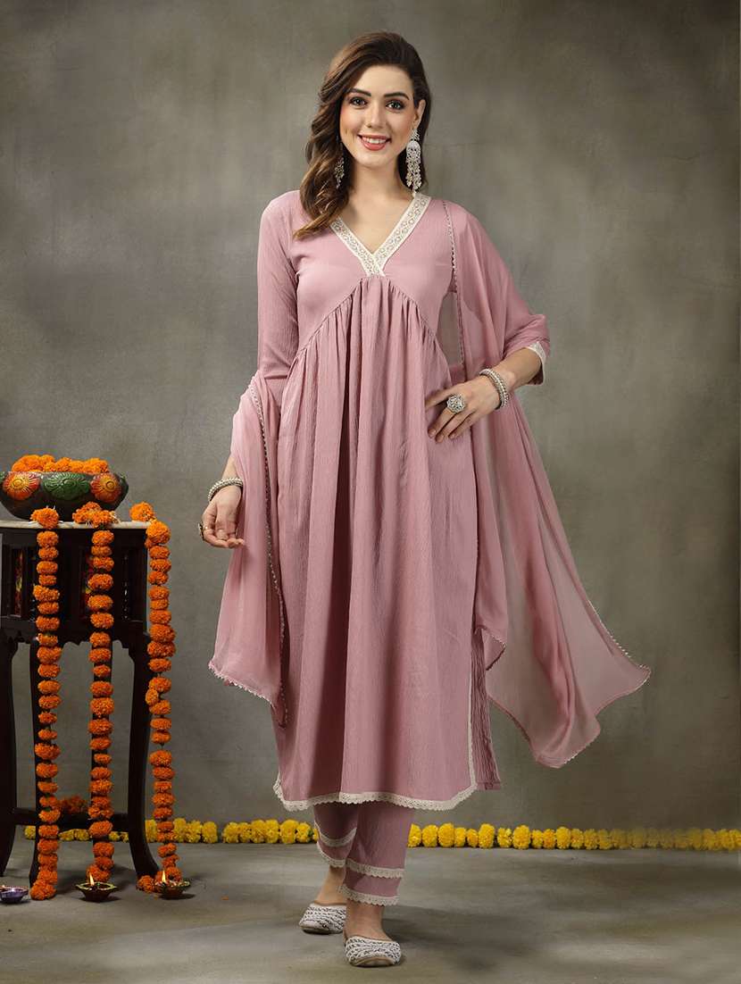 women solid v neck kurta and pant set with dupatta