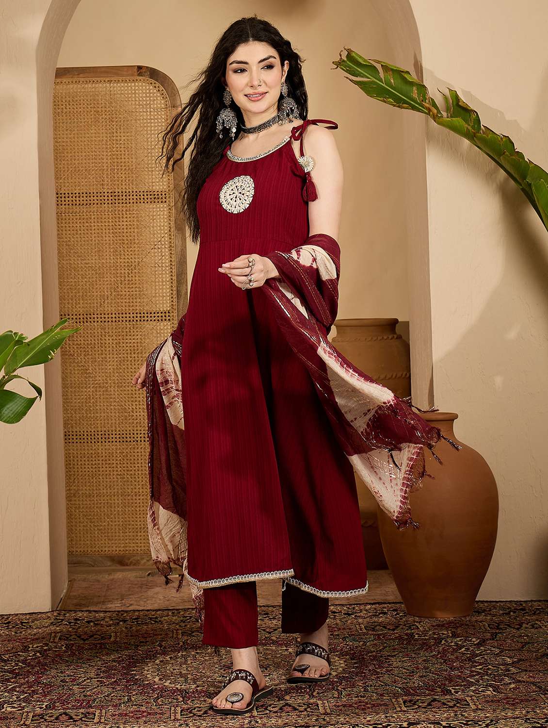 women embroidered sleeveless kurta and pant set with dupatta