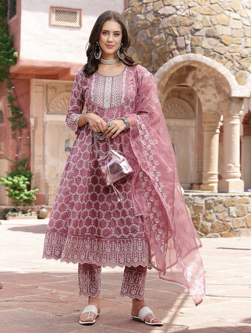 women embroidered round neck kurta and pant set with dupatta