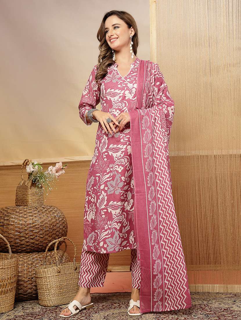 women printed mandarin neck kurta and pant set with dupatta
